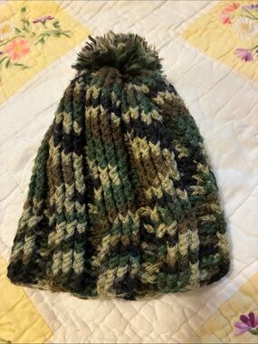 Knit Pom Pom Beanie - Green Multicolor, Handmade